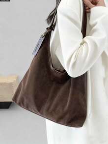 秋冬新款大容量女士单肩包复古绒面腋下包高端通勤手提包办公/户外磨砂质感大包 - 咖啡 - 查看 3