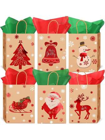 10 piezas - Bolsas de regalo de Navidad con asas, bolsas de regalo de Navidad reutilizables, bolsas de regalo para baby shower, bolsas de papel kraft con diseños de Papá Noel, muñecos de nieve, campanas y árboles de Navidad, bolsas para snacks navideños, bolsas de papel para fiestas, bolsas de regalo para fiestas de cumpleaños de Navidad