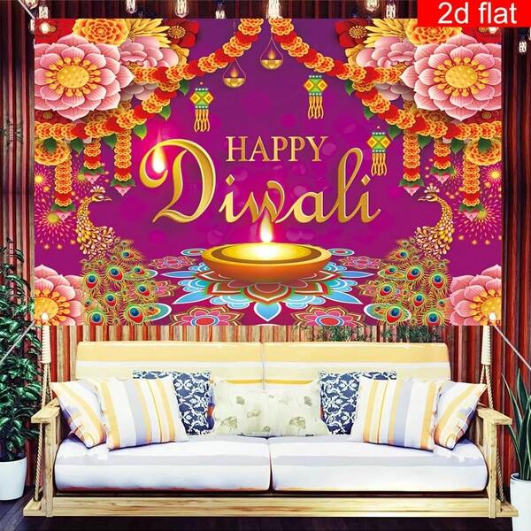 1 pieza Pancarta decorativa de fondo feliz de Diwali, de poliéster, decoración colgante de pared para Diwali, suministros para fiestas del festival de las luces, accesorios para fotomatón, adecuado para cumpleaños, celebraciones al aire libre, eventos festivos, vibrante, fácil de colgar, disponible en varios tamaños