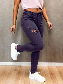 Jeans skinny con cintura alta y rotos - Negro - Ver 1