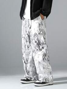 男士数码印花时尚百搭直筒阔腿工装裤、破洞裤、运动裤、伞兵裤、机车休闲裤、丝滑个性迷彩工装裤、秋季 - 黑與白 - 查看 2