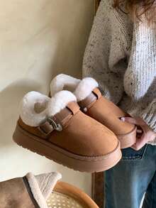 XIXITIAO 1双加厚保暖带扣拖鞋，舒适雪地靴，纯色时尚百搭软底拖鞋，复古羊毛拖鞋 - 棕色 - 查看 11