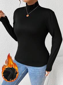 Plus Size Women's Solid Color Fleece Pullover, Warm & Comfortable Tight Fit Long Sleeve High Neck Casual Undershirt, Autumn/Winter - Black - View 5
