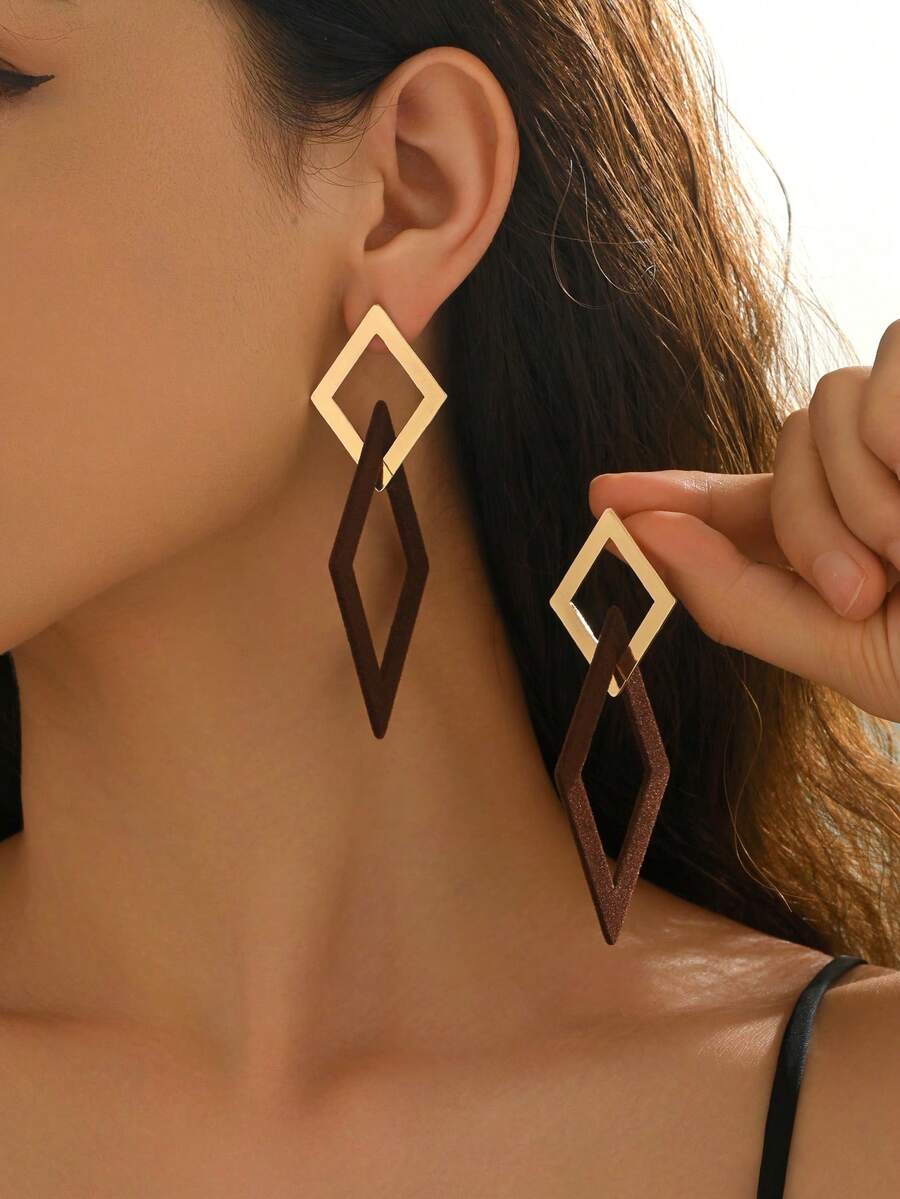 1 Cặp bông tai hình thoi và tròn vát kim loại thời trang mới, bông tai đeo hàng ngày đa năng, quà tặng cho phụ nữ - màu nâu - Xem 1