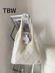Women's Crocheted Tote Bag, Hollow Solid Color, Vacation Style For Going Out Shopping.