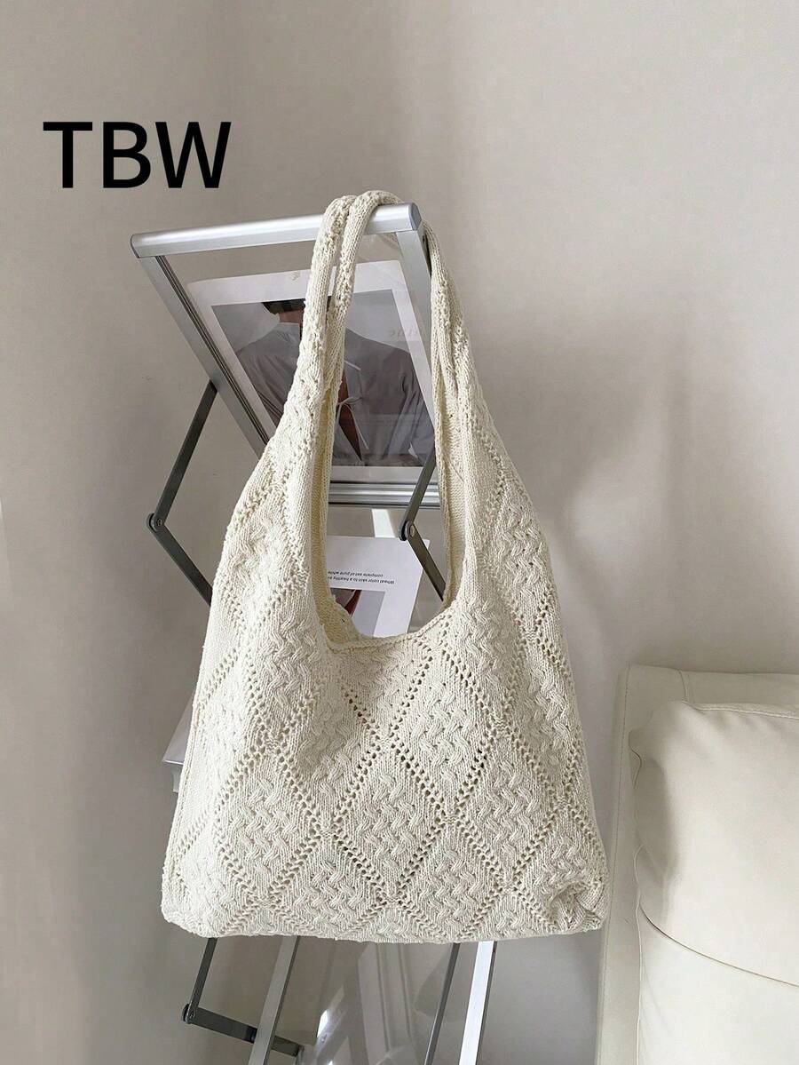 Women's Crocheted Tote Bag, Hollow Solid Color, Vacation Style For Going Out Shopping.