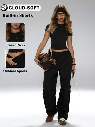 FWH Ofisten Dışarıya Hazır, Şık Kesim, Dar Kesim Yuvarlak Yaka Kısa Üst, Yüksek Bel Geniş Paça Pantolon, Akıcı Ama Yapılı Siluet, Kadınlar İçin İşten Spora Kıyafet, Yüksek Bel Yoga Pantolon Takımı, Ofise Uygun Spor Giyim, Kısa Spor Üst Takımı, Kısa Spor Üstü ve Yüksek Bel Yoga Pantolonu, Kadınlar İçin Çok Yönlü 2 Parçalı Takım