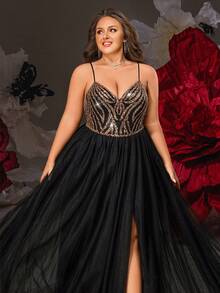 VIPGIRL Große Größen Schwarzes Pailletten-Mesh-Slip-Kleid mit transparentem Rocksaum, elegantes langes Abendkleid für kurvige Frauen, ideal für Galas, formelle Abende oder glamouröse Anlässe - Schwarz - Übersicht 7