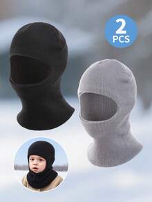 2 Stücke Jungen 1-8J Einfarbige gestrickte, warme, weiche, kältebeständige, süße tägliche Lässig Doppel-Bommel Strick Beanies, geeignet für den Outdoor- & Alltagsgebrauch, Herbst/Winter