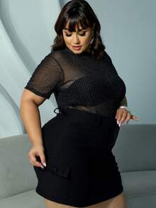 Plus Size Women's Clubwear Set Bodysuit Tulle Shine Transparency Short Sleeve Model Cargo Skirt Elastane Party Clubwear Look Plus Size 44 To 54 - 黑色 - 查看 2