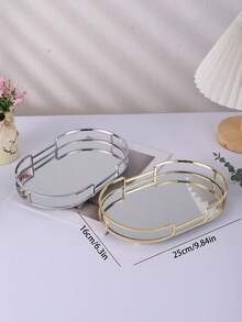 1pc Iron Oval Glass Mirror Tray, Elegant European Style Glass Storage Tray For Home, Living Room, Coffee Table, Luxury High-End Tableware Display,Room Decor - Multicolor - View 4