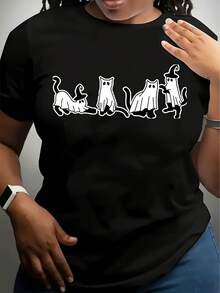 [Halloween Cat Print T-Shirt] Soft Fabric Halloween Cat Print T-Shirt - Olive Green Casual Pullover With 3 Cute Cats & Witch Hats Design, Ribbed Cuffs, Machine Washable, All-Season Comfort,,220g