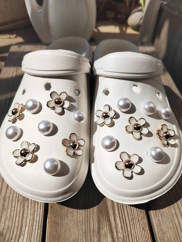 18pcs Pearl & Oil Drop 5-Petal Flower DIY Shoe Decoration Set, Suitable For Clogs, Beach Sandals, Flip Flops