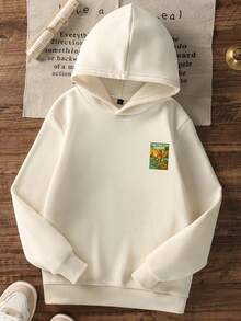 1pc Tween Boy Casual Printed Pullover Sweatshirt, Thermal Lined, Long Sleeve, Autumn/Winter - Apricot - View 4