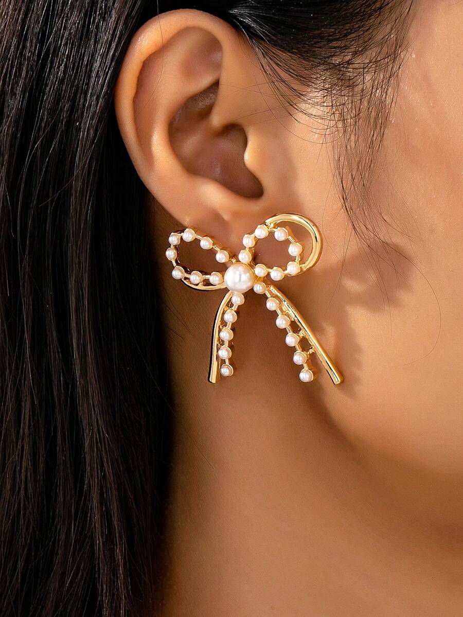 1 对密镶水晶优雅蝴蝶结耳环，闪亮蝴蝶结耳环珠宝适合女士日常佩戴