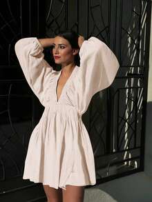 New Elegant Fashion Sexy Deep V-Neck Puff Sleeve Casual Mini Dress, Vacation Bohemian & West & Tropical & Sun Dress For Spring/Summer - Beige - View 2