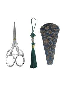 欧式经典复古镀铜不锈钢剪刀，带收纳袋，用于线、绣花、缝纫工艺品，缝纫用品配件，工艺剪刀美容工具复古小剪刀 - 青銅色剪刀+藍色剪套+綠色流蘇 - 查看 13