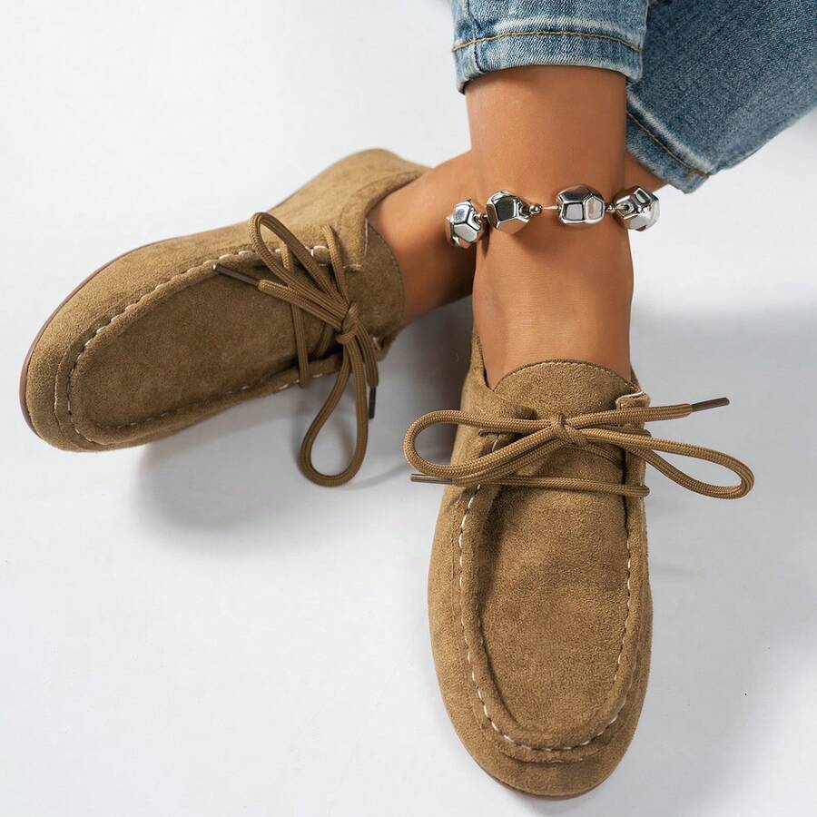 Women's Round Toe Lace-Up Soft Bottom Casual Shoes, Solid Color Suede Fabric, Lightweight And Comfortable For Daily Wear And Travel, Spring
