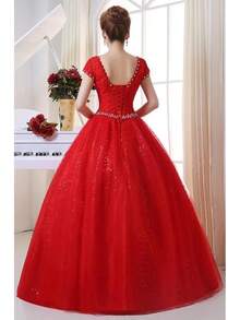 Double Shoulder Floor Length Bridal Gown Wedding Dress Custom Size - 紅色 - 查看 2