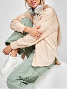 女式纽扣衬衫领长袖休闲衬衫 - 杏色 - 查看 3