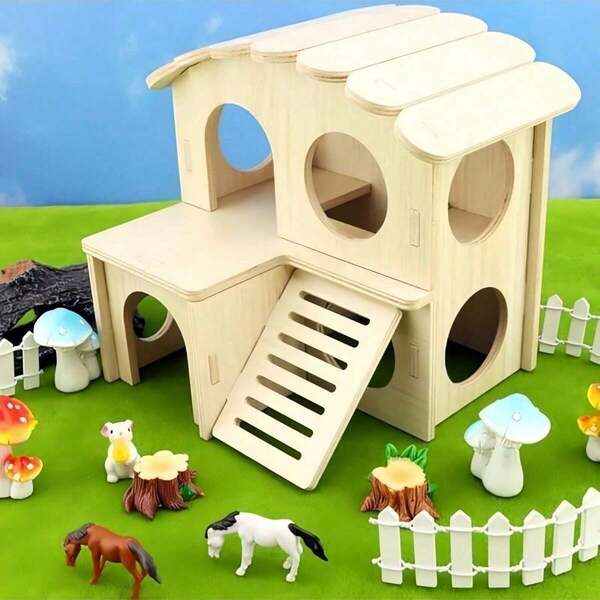 1 Peça Dormitório de Madeira Sólida para Hamster, Prancha de Estiletes, Vila Dupla Camada Urso Dourado, Vila de Madeira Sólida para Hamster, Suprimentos para Hamster, Labirinto e Esconderijo de Madeira Multiambiente para Hamster, Escada de Três Cômodos, Brinquedos de Madeira Sólida Multiambiente para Hamster, Etc. Fornece Atividades Divertidas e Suprimentos de Nidificação Confortáveis para seus Animais de Estimação
