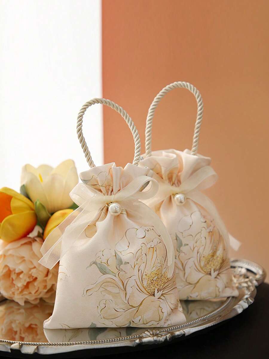 5pcs Elegant Wedding Favor Bags - Luxury Floral Drawstring Gift Bags, Suitable For Candy, Bridal Party Favors, Guest Appreciation Gifts - Multicolor - View 1