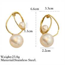1 Pair Of Stainless Steel Earrings, French Retro Winding Circle Large Pearl Studs, High-Grade Temperament Earrings, Niche Style - 金色 - 查看 4