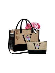 2pcs/Set Women's Beach Tote Bag With Shoulder Strap, Beach Hat And Cosmetic Bag, Personalized Letter A-Z Beach Accessory Bag With Side Pocket, Ideal Gift For Women, Mothers, Teachers, Friends, Bridesmaids, Students, Suitable For Beach Vacation, Outdoor Wedding, Birthday, Holiday, Large Capacity For Weekend Getaway - Multicolor - View 36