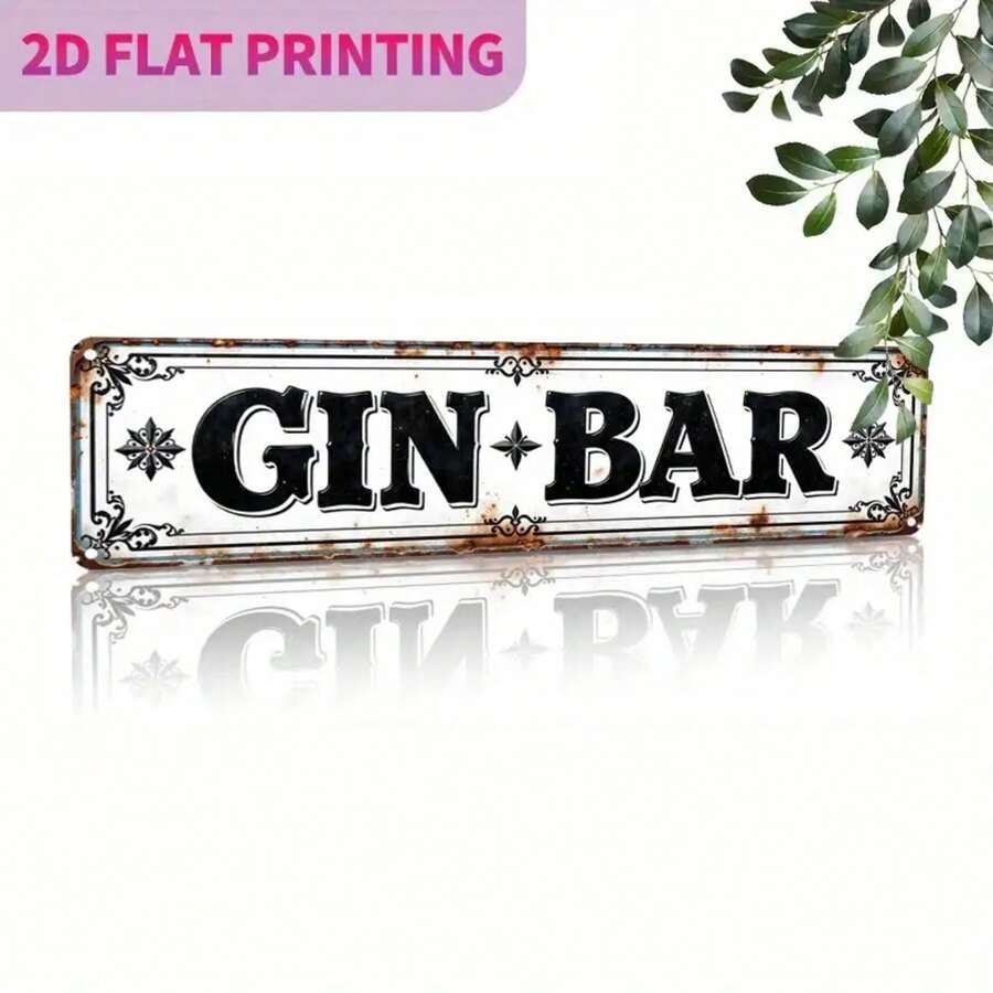 1 Piece Aluminum Wall Decor Sign - Vintage Style GIN BAR Metal Sign With Distressed Font And Leaf Pattern, Durable 2D Flat Print Home Decor Suitable Farmhouse, Cafe, Garage, Bedroom - Easy To Install On Door/Wall, No Wires Needed,, Metal Wall Decoration, Cafe Sign, Gorgeous Corner Decoration, Distressed Effect, 2D Flat