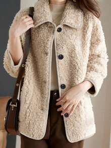 冬季新款女士翻领单排扣休闲羊毛大衣，带口袋 - 彩色 - 查看 3