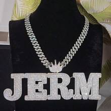 Customized Engraved Letter Pendant, Brass Cubic Zirconia, DIY Personalized Hip Hop Necklace, Couple Daily Wear Jewelry, Comes With 1 Braided Chain - 方形字母皇冠頭 - 查看 6