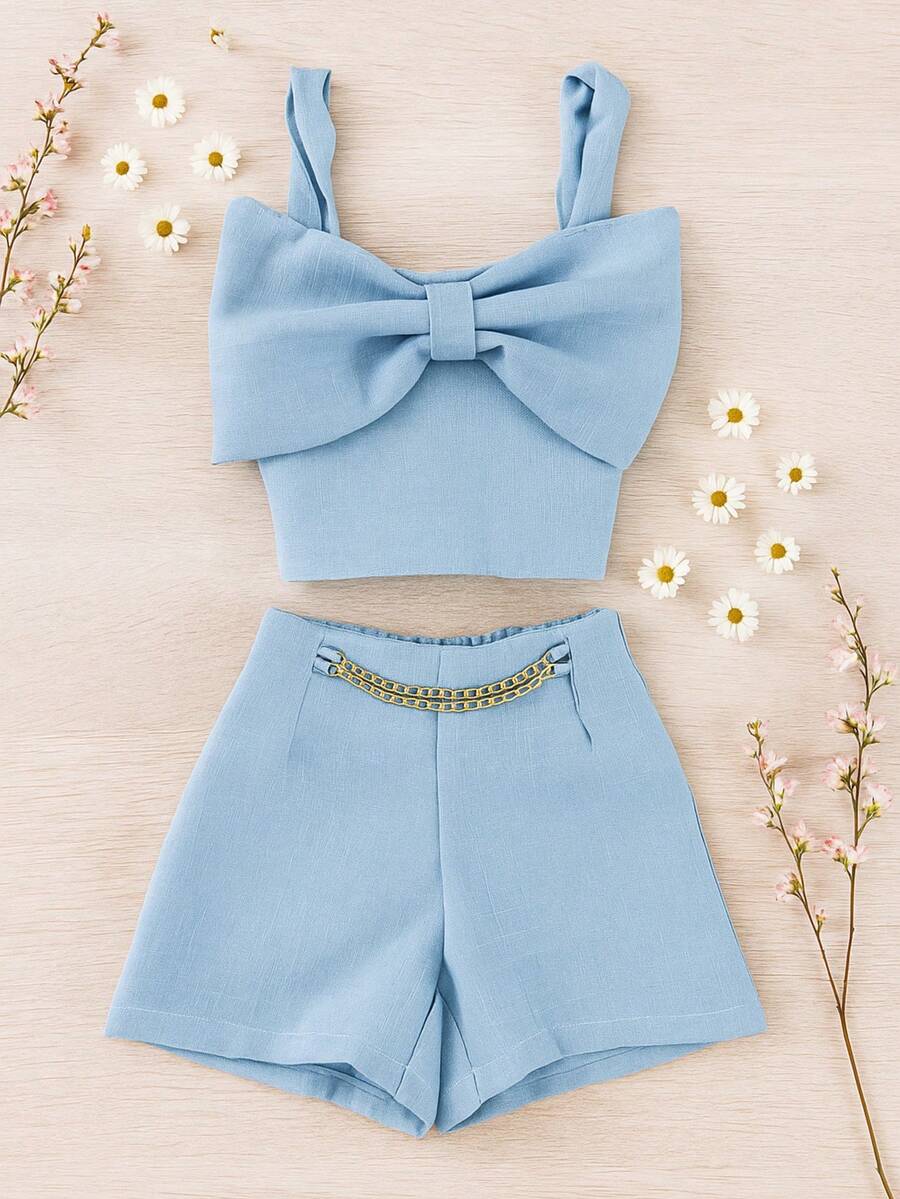 Children's And Youth Linen Cropped Set With Bow Detail And Chain Shorts, 2-Piece Set, Super Delicate Spring Summer Fashion (CJI002) - 淺藍色 - 查看 1