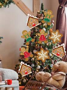 4 buc - decor de brad de Crăciun din turtă dulce, bețișoare de brad de Crăciun din turtă dulce, fulg de zăpadă, casă și bărbat, pentru decor de Crăciun, masă, vază, umplutură, decor de petrecere de sărbători