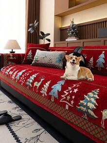 1PC Christmas Holiday Decor Sofa Cushion Chenille Jacquard Seat Pad With Reindeer And Christmas Tree Pattern, All-Season Non-Slip Sofa Cover Machine Washable - Red - View 3