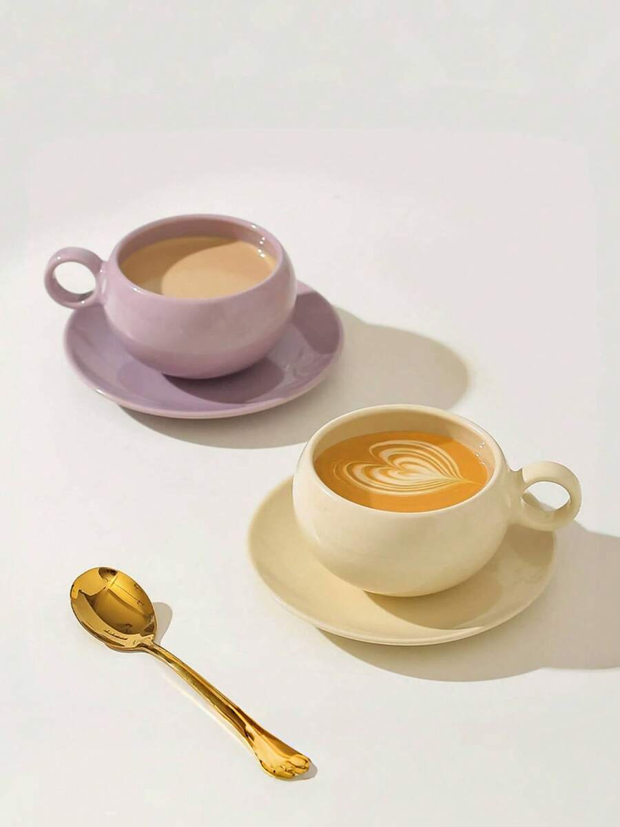 1pc White Ceramic Coffee Cup And Saucer Set For Home Breakfast