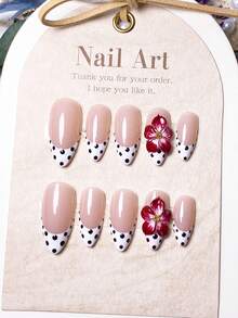 10 件手工制作杏仁形红色法国波尔卡圆点 3D 美甲贴纸，优雅奢华指甲贴花 - 彩色 - 查看 10