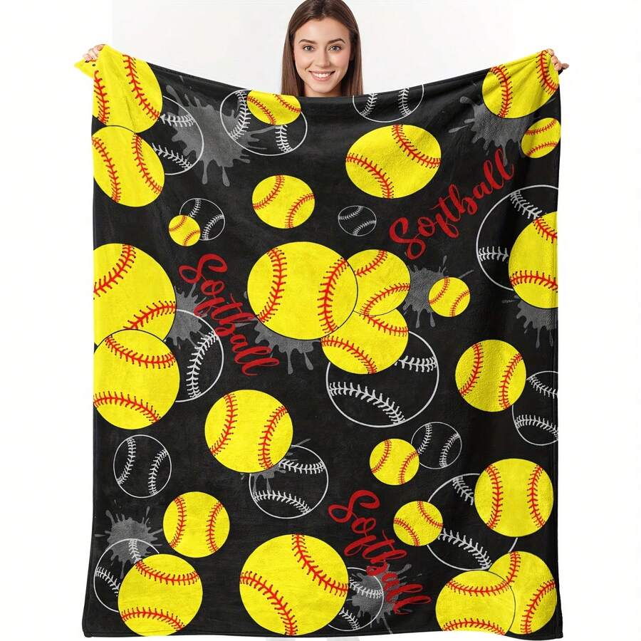 Softball Blanket - Heavyweight 280GSM Flannel Throw - Black Background With Yellow Softballs - All-Season Sports Decor For Bedroom, Living Room, Or Gifts - Perfect For Softball Players & Fans - Shipped Next Day!, Cozy Home Accessory, Sporty Design, Plush Fabric, Team Spirit