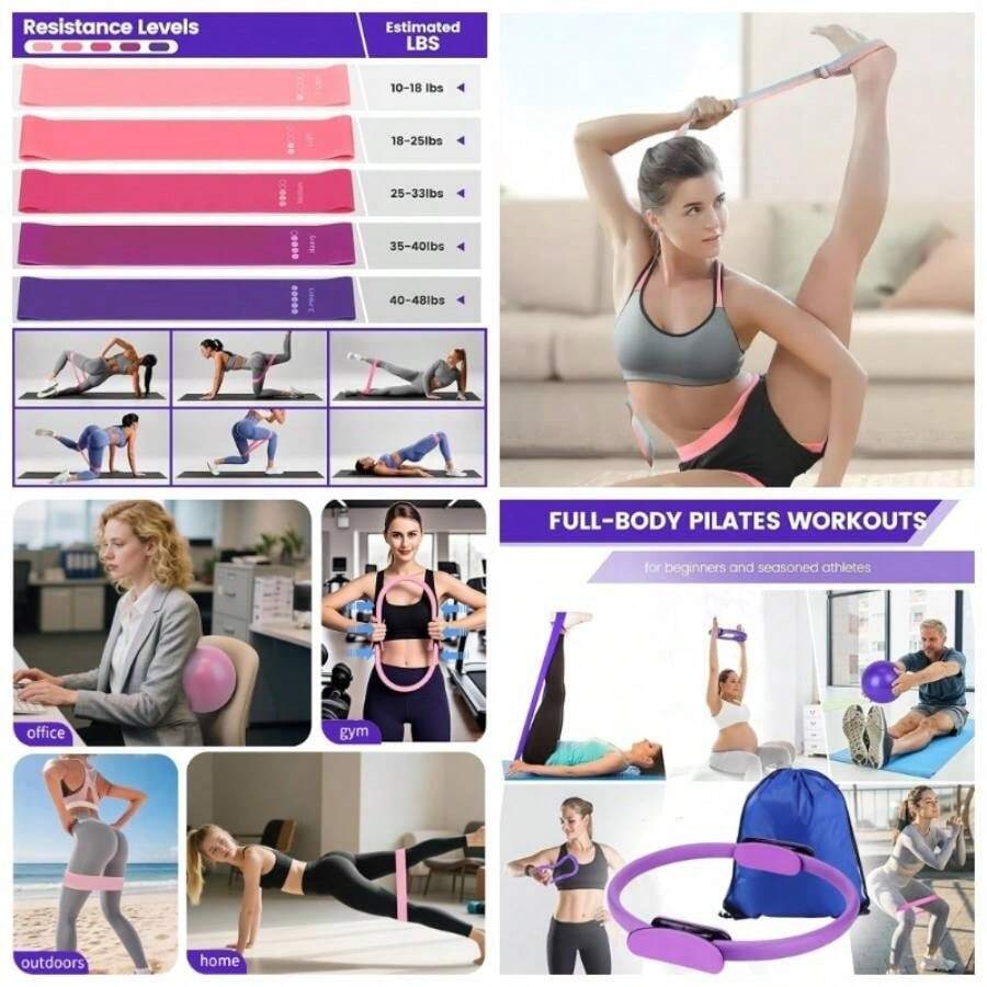 Pilates Essentials Kit Women, 2025 New Better Me Pilates Kit, 13 Piece Home Pilatess Equipment, Home PilatesKit Women Better Me, Hip Exercise Band Yoga Ball Long Resistance Bands - Rosa - Ver 1