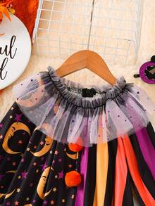 1pc Infant/Toddler Girls' Casual Fashion Colorful Striped Patchwork Star Moon Print Romper, Purple Mesh Ruffle Trim, Orange Pom Pom Decor, Half-Zip Front, Princess Daily Outfits, Halloween New Arrival 2025