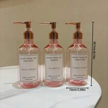 3个500毫升/16盎司玫瑰粉色可再填充泵瓶，带玫瑰金泵头，适用于洗发水、沐浴露、护发素、酒店浴室乳液瓶，带防水标签 - Translucent Pink - 查看 2