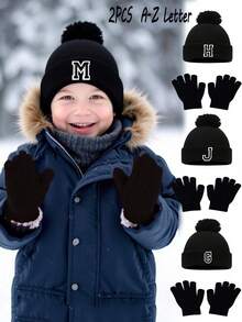 2 pezzi/set Cappello e guanti a motivo alfabeto 26 lettere per neonati, caldi e carini, unisex, adatti per autunno/inverno all'aperto, abbinamento alla moda, può essere un regalo di compleanno - nero - Visualizzare 2