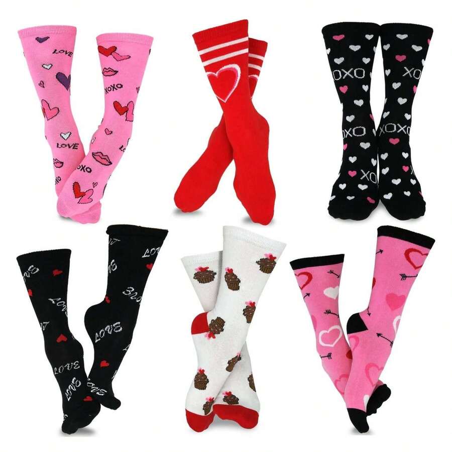 Valentine's Day Socks Women 6-Pair Pack - Heart Crew Socks For Women - Mother's Day Gifts - Women's Shoe Size 6-9 - Cotton - 如圖703 - 查看 1