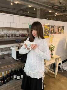 女式高领波点长袖荷叶边下摆休闲T恤