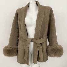 OFTBUY Solid Color Wool & Faux Fur Patchwork Belted Loose Fit Casual Jacket, Suitable For Daily, Airport, Holiday, Travel In Autumn/Winter