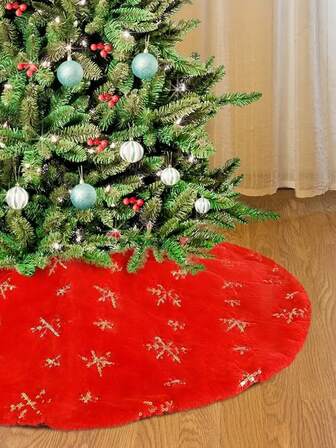 1 pièce Robe d'arbre de Noël en peluche rouge et or avec motif flocon de neige - Une décoration festive pour la Saint-Valentin et Noël, tissu doux avec motif flocon de neige, convient pour la décoration intérieure festive, base décorative saisonnière, décoration festive élégante, base décorative d'arbre, décoration de Noël d'extérieur, cadeau de Noël, fournitures de fête Décorations de Noël à la maison Cadeaux de Noël Décoration de Noël