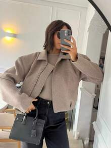 女士卡其色粗花呢外套，长袖，前拉链，宽松休闲街头风大衣，适合秋冬春季穿着 - 卡其色 - 查看 6