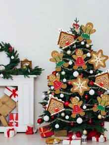 4 buc - decor de brad de Crăciun din turtă dulce, bețișoare de brad de Crăciun din turtă dulce, fulg de zăpadă, casă și bărbat, pentru decor de Crăciun, masă, vază, umplutură, decor de petrecere de sărbători