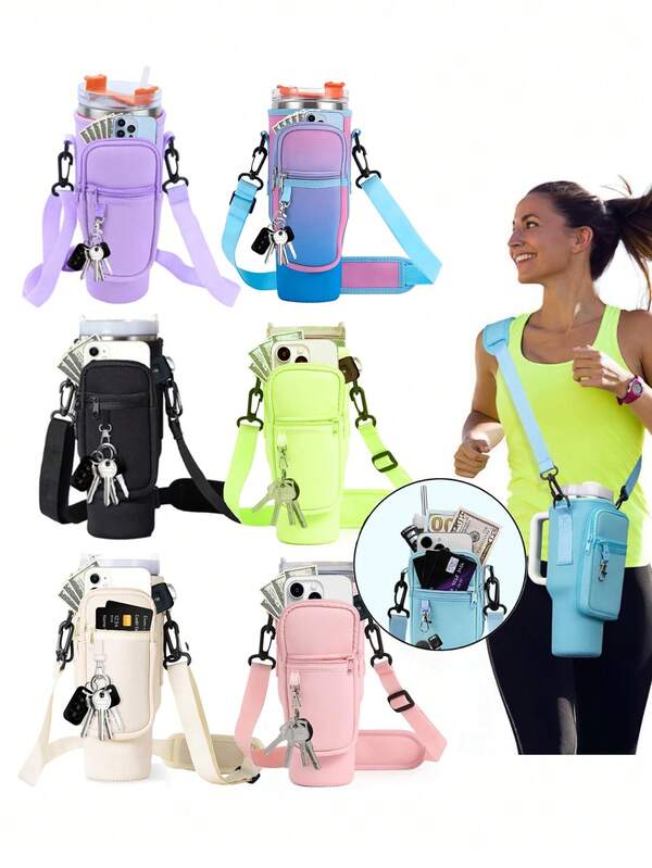 1 pièce Sac de transport de bouteille d'eau avec poche pour téléphone pour tasse 40/30oz, porte-bouteille d'eau isotherme en néoprène avec sangle réglable pour porter en bandoulière et à la main. Accessoires pour tasse (multicolore)