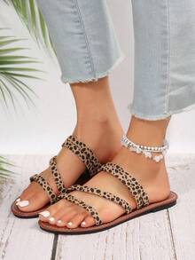 New Plus Size Women Comfortable Simple One-Strap Round Toe Leopard Print Flat Slide Sandals, Casual Fashion Outdoor Beach Slippers For Summer