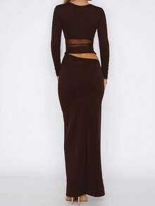 Sexy Y2K Mesh Patchwork Long Sleeve Dress, Sheer Black French Elegant Design Dress For Dates And Parties - Brown - View 5